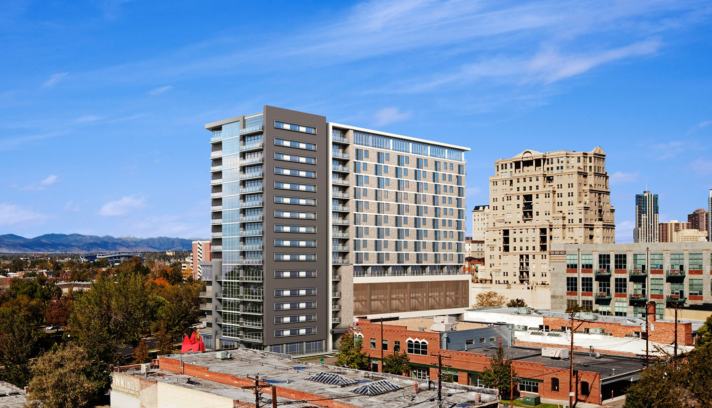 Rendering of multifamily highrise planned at 1000 Speer in downtown Denver. - Page
