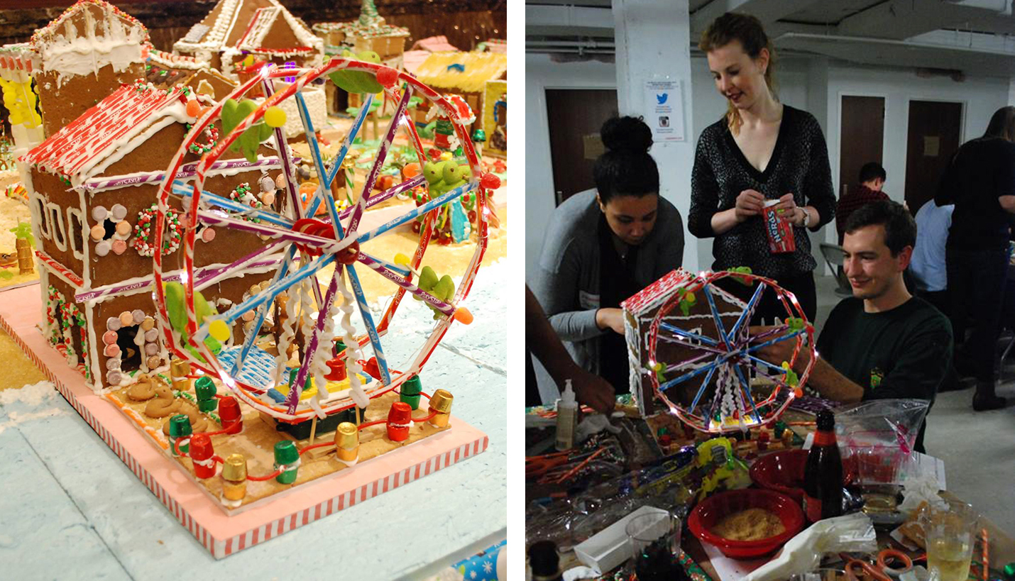 Page's gingerbread Pixy Stix Pier won the People's Choice Award. Team members shown assembling it are (clockwise) Samantha Cruz, Rachel Kresina and Rob Manion. Not pictured: Kassia Aaron, Jessica Baralt, Hunter Cotterman, Jennifer Dameika, Kiersten Han, Michelle Ho,  Ana Bilbao Horn, Thomas McCarthy, Javier Rodriguez, Christian Russo, Holly Taubman and Saul Zapata. - 