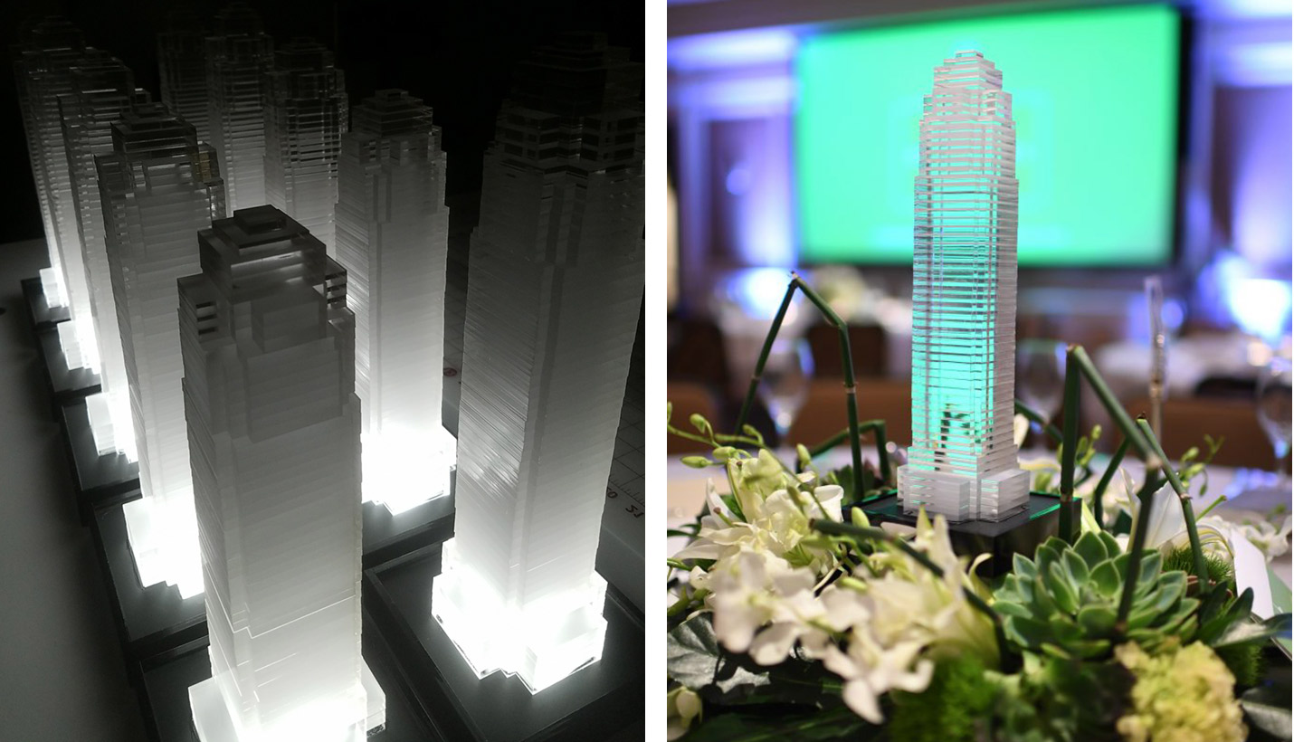 The dinner table centerpieces that Pager Jerel Gue and Raul Guerrero of HOK designed were made to light up when turned on. - Left: Page / Right: Photo Preservation Houston Good Brick Awards