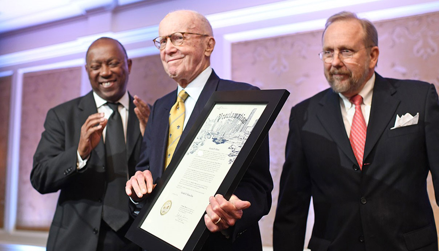 (Left) City of Houston Mayor Sylvester Turner proclaims Gerald D. Hines Day as John Cryer, President of the Board of Preservation Houston, looks on. - Preservation Houston