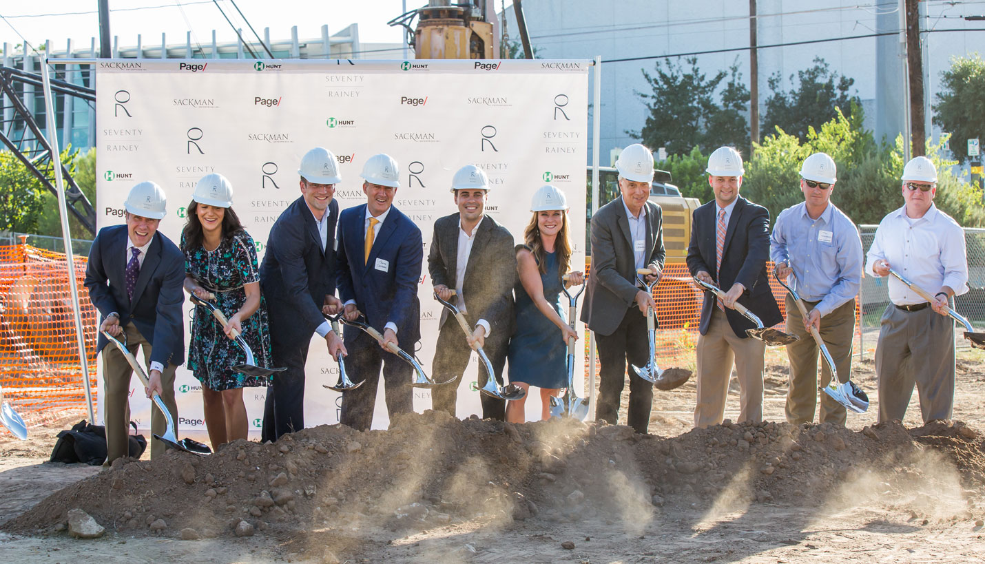 Page Senior Principal Larry Speck, fourth from right, at the 70 Rainey Street ground breaking. - 