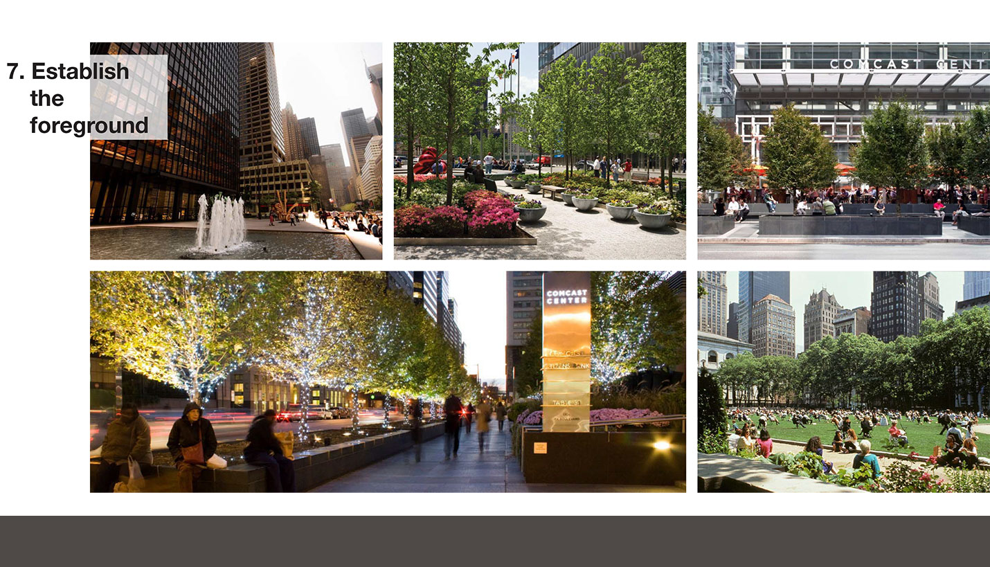 Key to taking advantage of the urban context is attention to how the asset meets the street. By activating plaza space, an asset can achieve improved recognition and prominence as a place and destination within the city. Careful attention to the public realm has made major urban destinations out of the foreground of many corporate office buildings nationwide. - Page