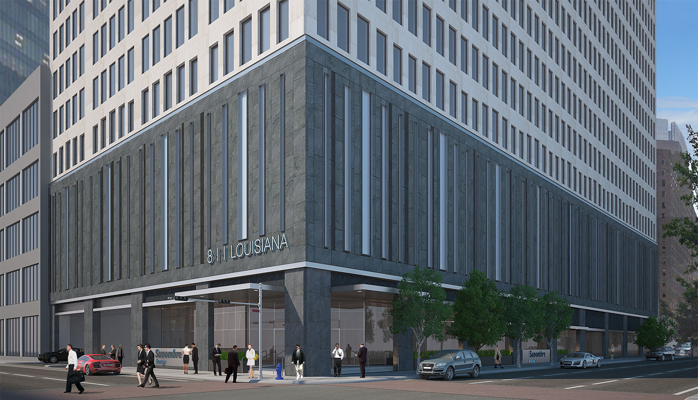 Rendering of proposed 811 Louisiana facade that shows new entry point. - 