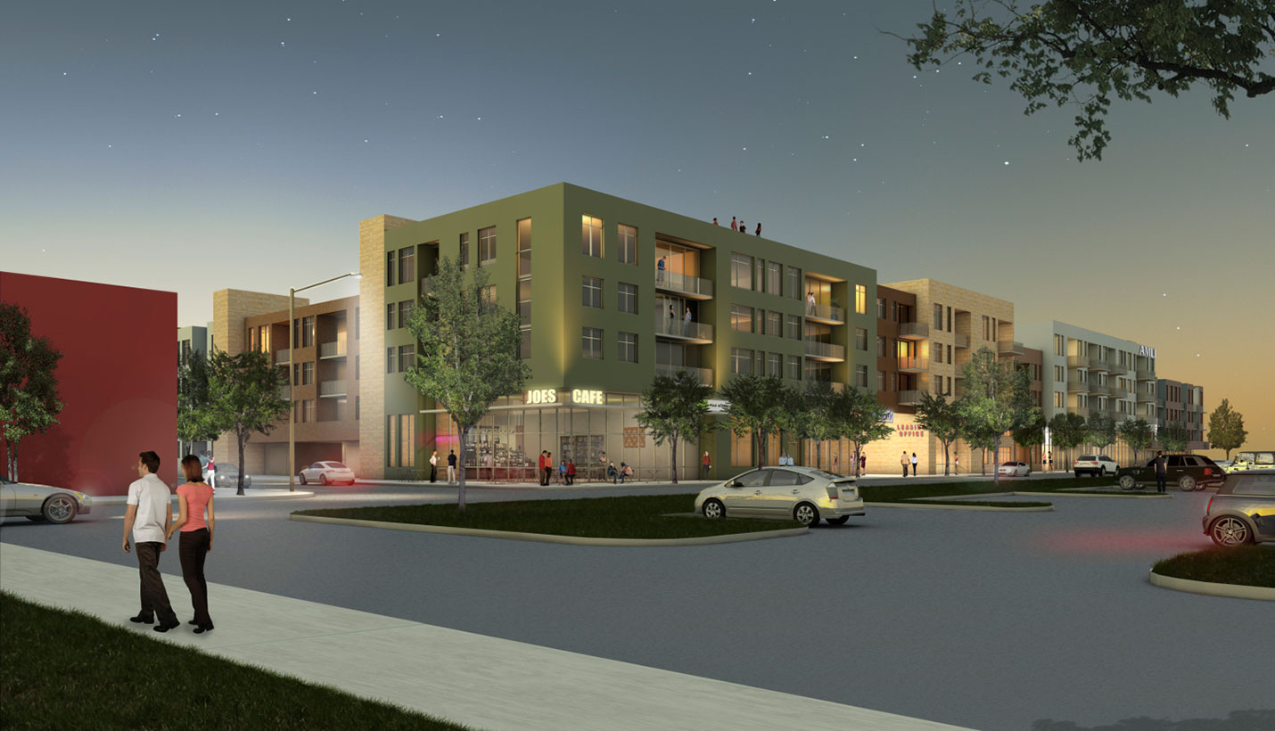 Concept rendering of a midrise apartment complex with retail spaces on the ground level. - Page