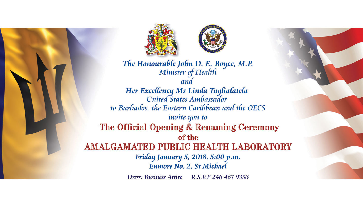 Invitation to the ribbon cutting for the Barbados National Medical Reference Laboratory in Bridgetown. - 