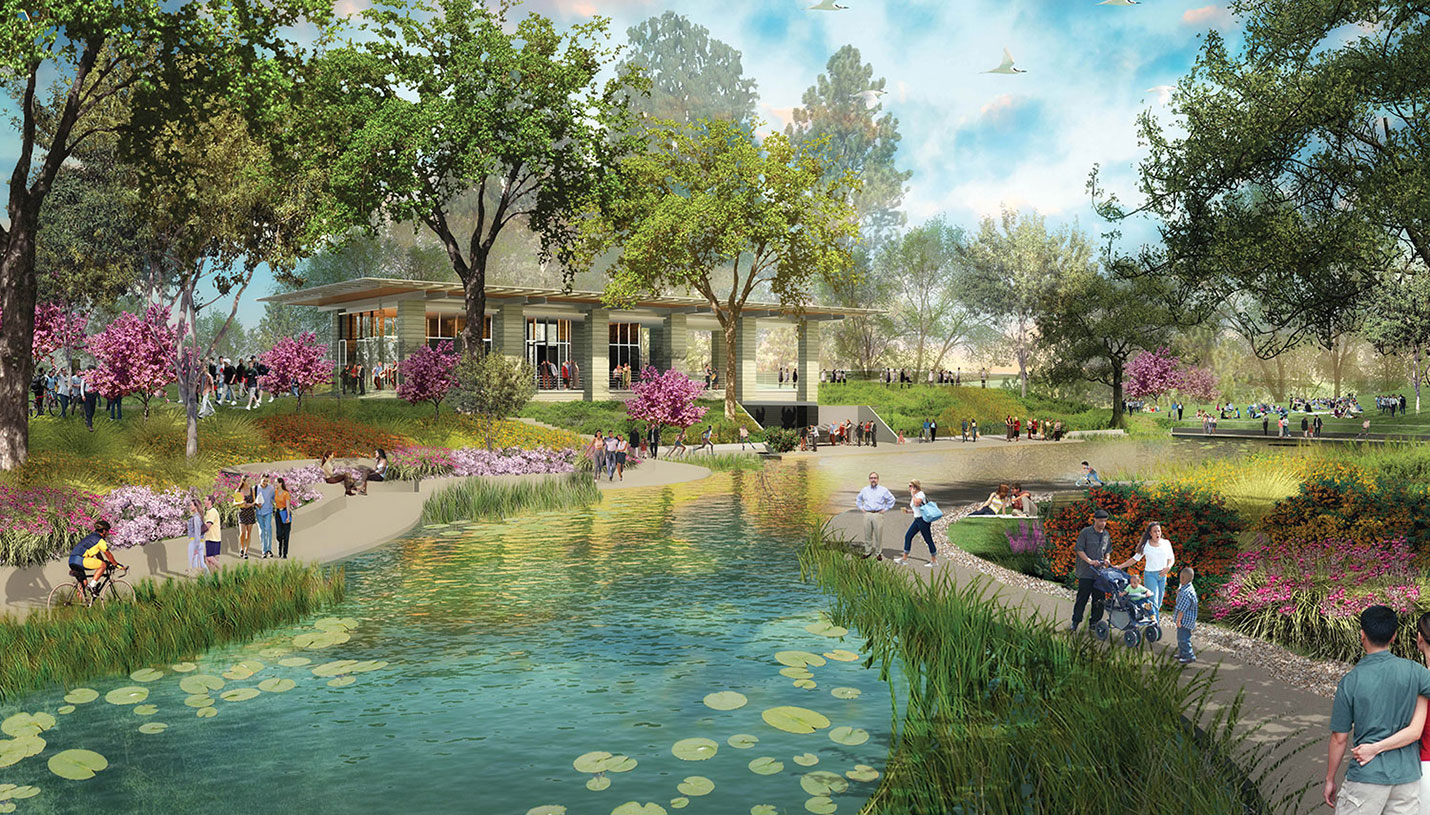 Rendering of Page design for Lost Lake building and surroundings on Buffalo Bayou - 