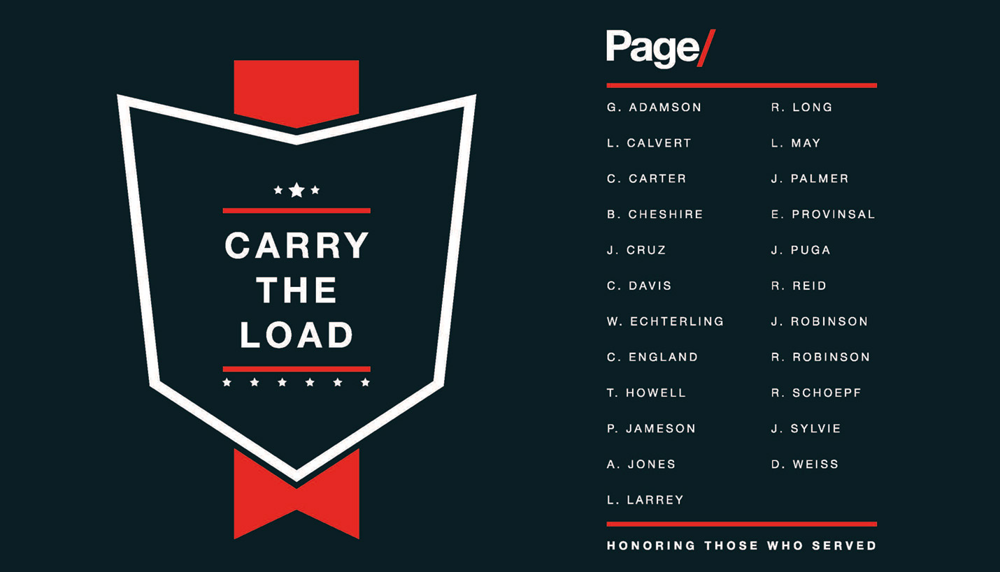 Page designed custom T-shirts naming all active employees who have served to raise awareness of the annual Carry The Load Memorial Walk. - Page