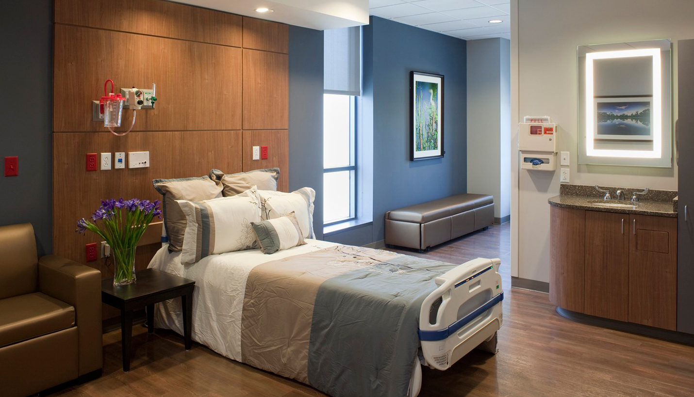 Patient room at Baylor Medical Center Uptown-Dallas designed by Page. - 