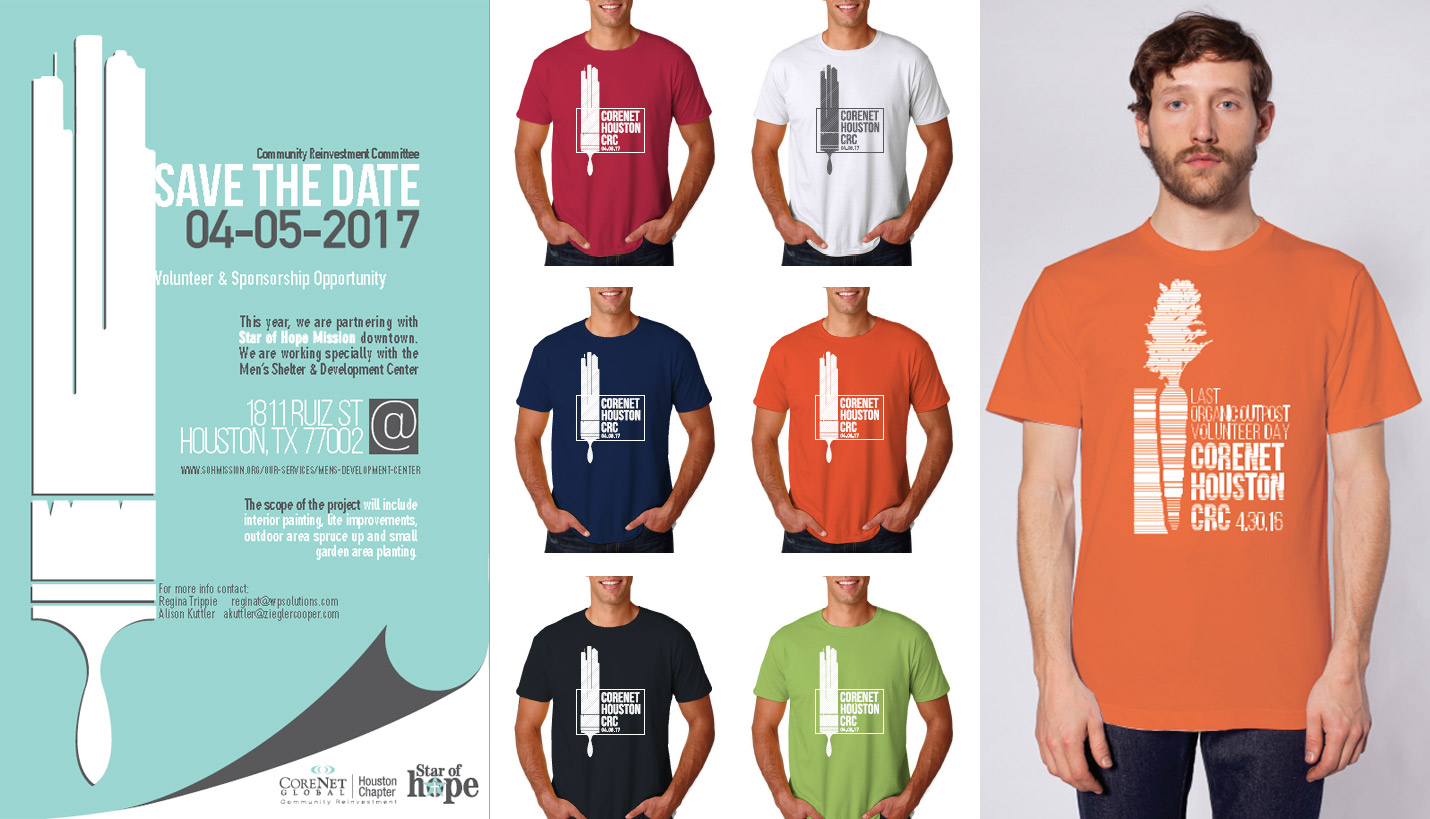 Page designs (L-R): Save The Date graphic; 2017 CoreNet Community Challenge T-shirts and 2016 CoreNet Community Challenge 2016 T-shirts. - 