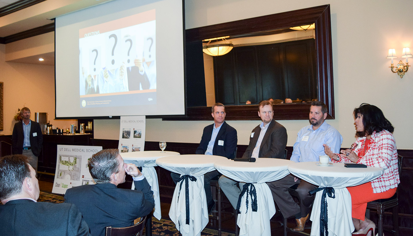 Page Project Manager Brian Roeder, second from left, spoke about innovation in the design of the Dell Medical School. - 