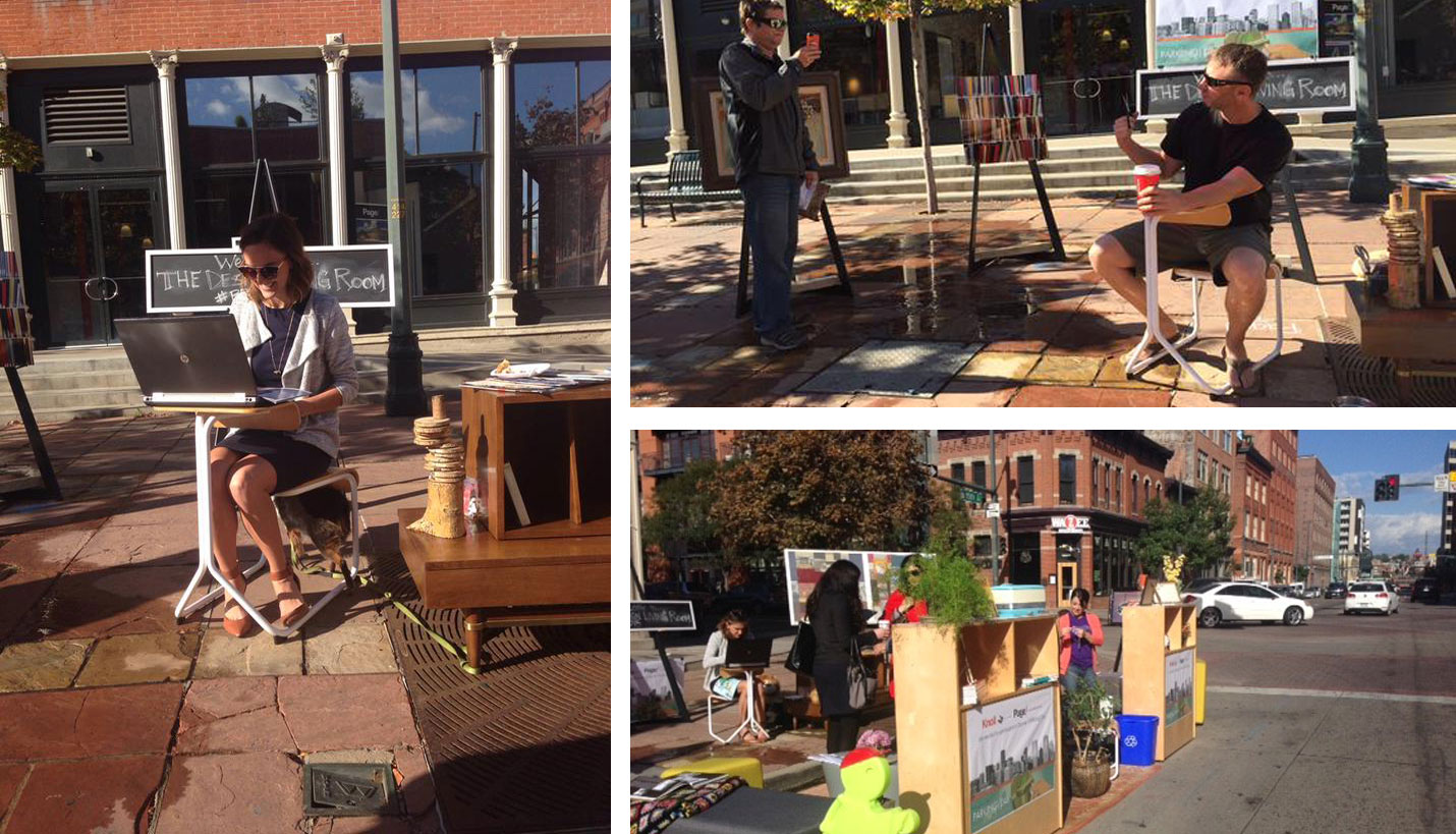 Page Marketing Coordinator Jaclyn Wenaas works outside during Denver Parking Day 2015 (left), guests stop by to enjoy the design living room (right) - 
