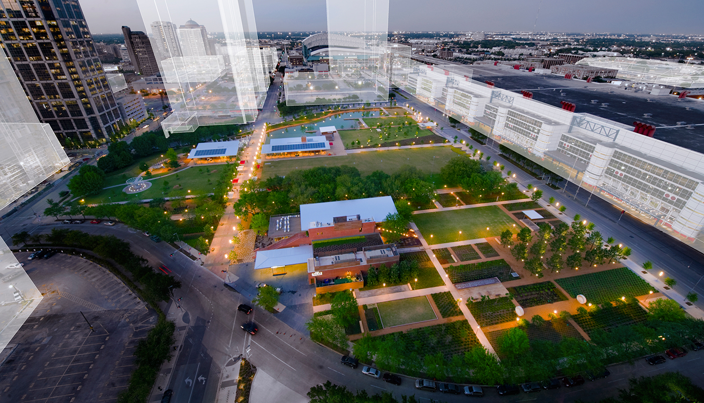The rendered buildings overlaying a 2008 image show part of the $1 billion in adjacent economic development spurred by the popularity of Discovery Green Park in downtown Houston. - 