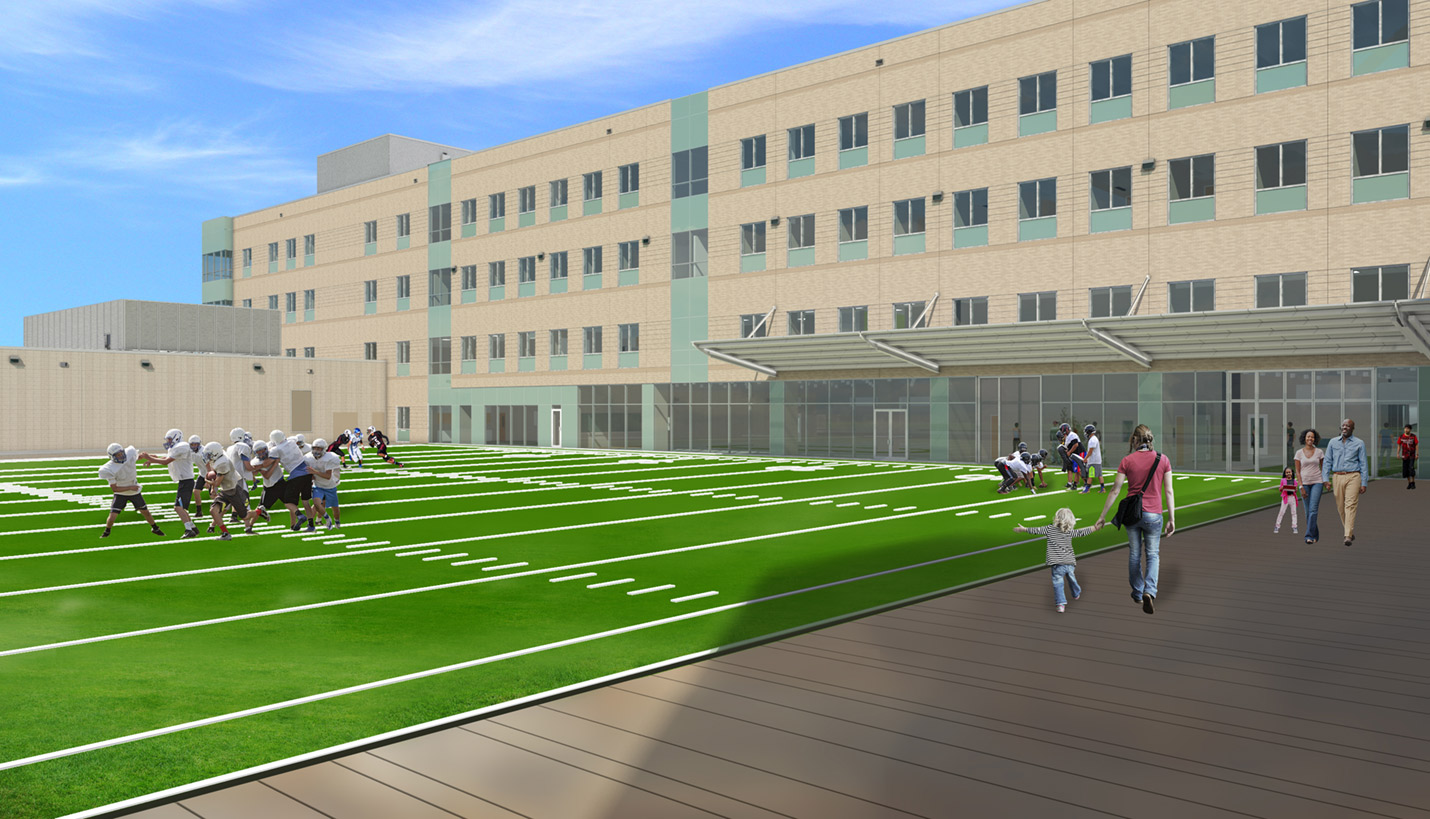 Rendering of the sports field at the new Children's Health Andrews Institute for pediatric orthopaedics. - Page