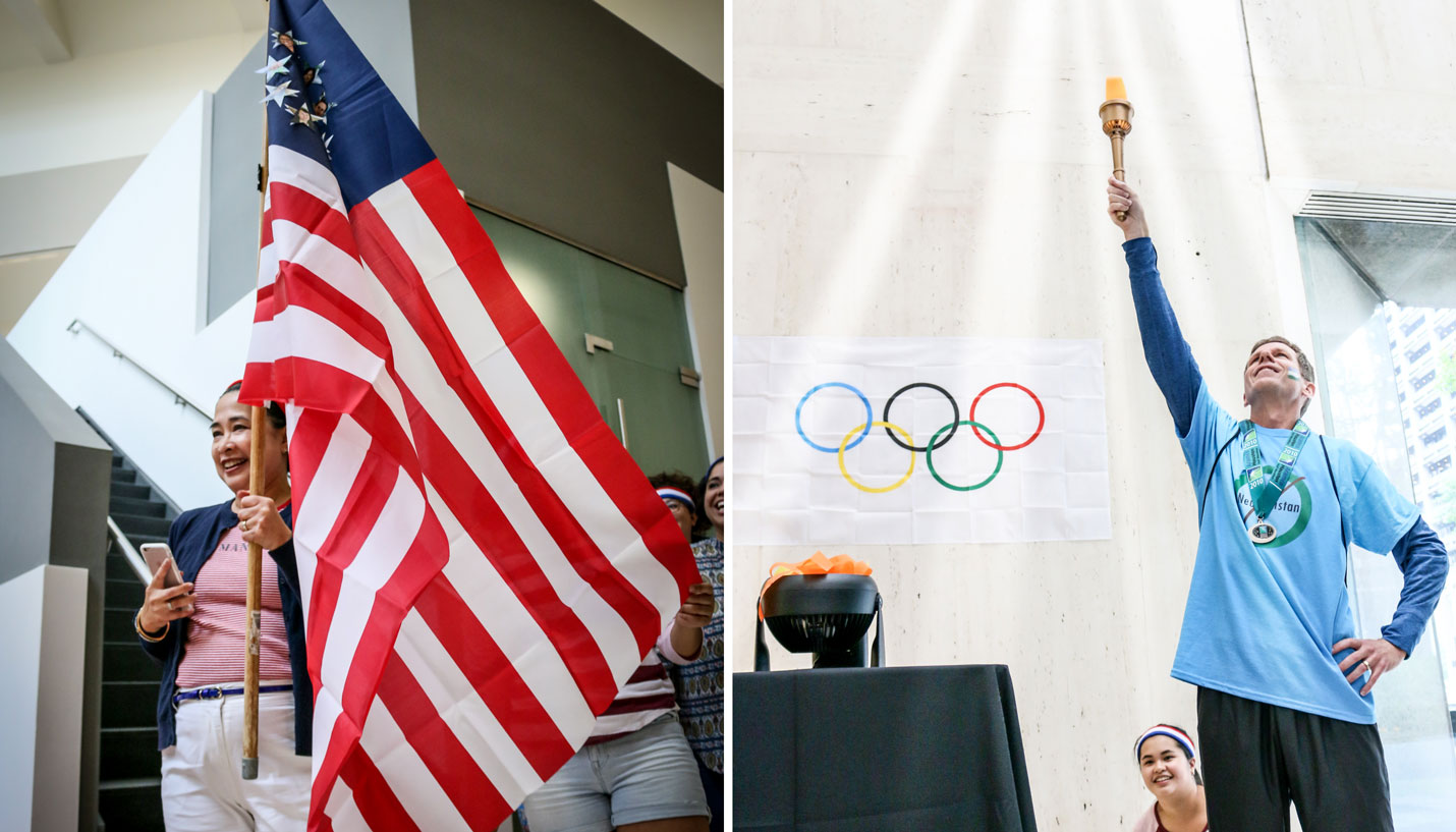 (Left) Page Interior Design Director Marissa Yu holds the flag for Team yU.S.A. and (right) Senior Project Manager Brian Gray prepares to light the Olympic Flame. - Andy Phan