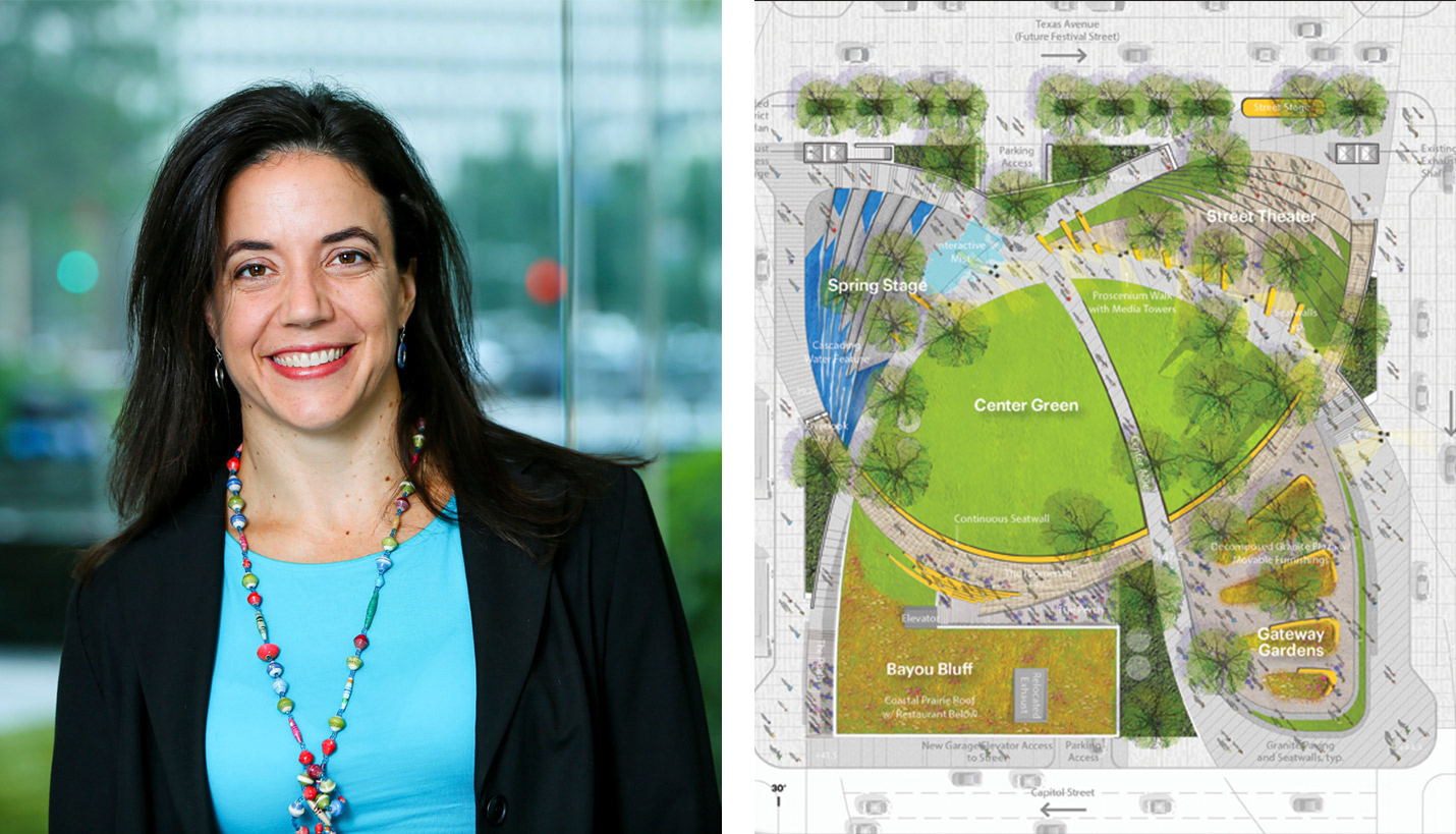 Page Principal Jamie Flatt wrote an analysis of the proposed redesign for Jones Plaza in downtown Houston that was published in Texas Architect Magazine. - Portrait by Page / Site plan by Rios Clementi Hale Studios, courtesy of Texas Architect Magazine