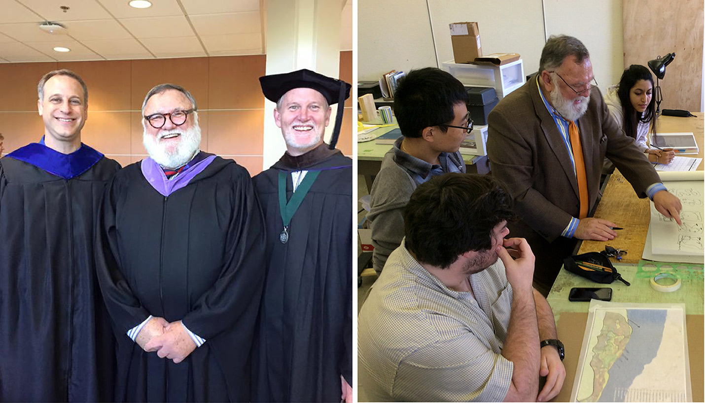 Left: Commencement speaker Lewis T. May (center) with Associate Dean Tom Sofranko (left) and LSU Robert Reich School of Landscape Architecture Director Mark Boyer
Right: Lewis works with students during thh 2015 Design Week at LSU. - Courtesy of LSU