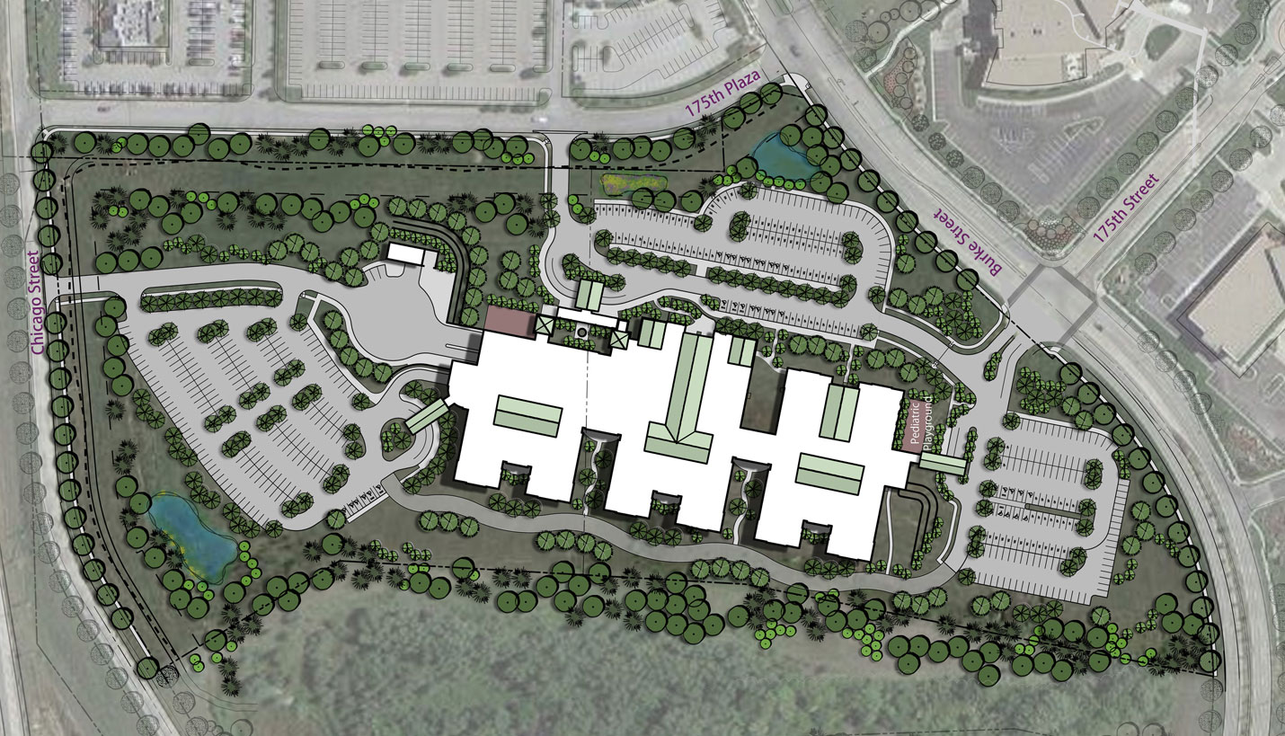 Rendering of the aerial view of the Madonna Rehabilitation Hospital. - Michael Graves & Associates