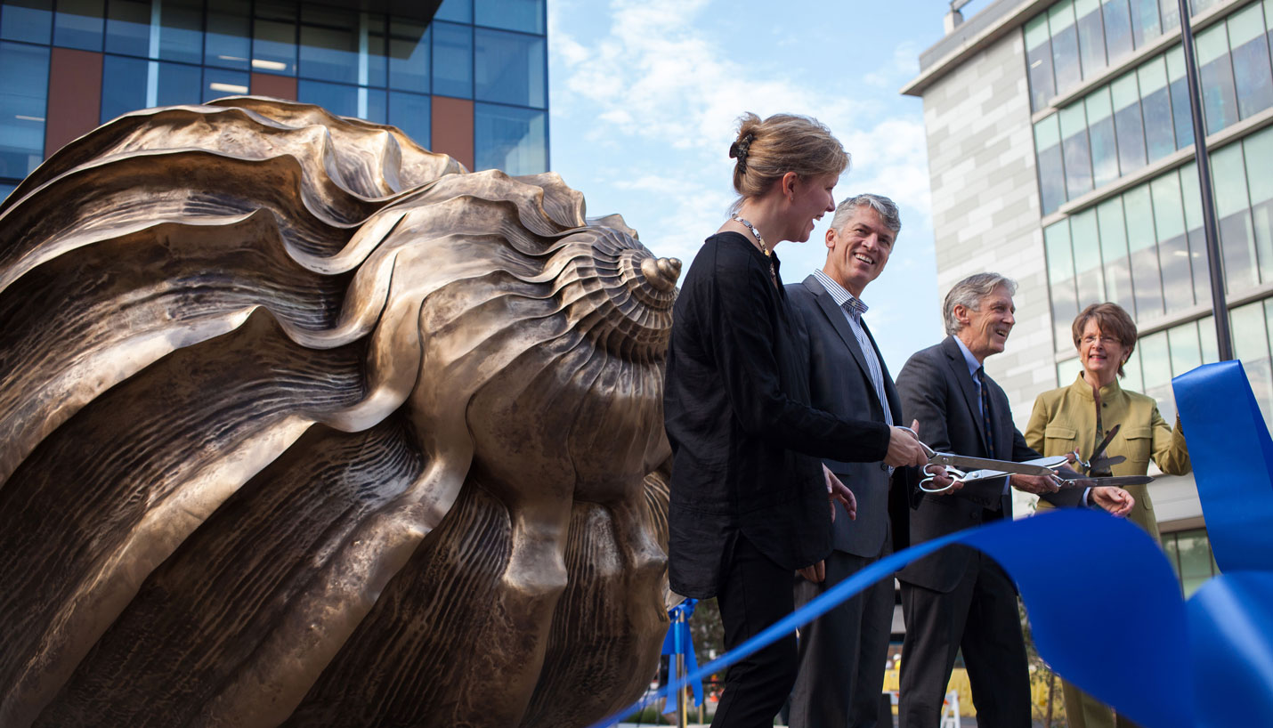 Marc Quinn, Spiral of the Galaxy ribbon cutting, 24 October 2016. Left to right, Landmarks Director Andrée Bober, Dell Medical School Dean Clay Johnston, College of Fine Arts Dean Doug Dempster and University Operations Vice President Pat Clubb. - Photo by Lawrence Peart. Courtesy Landmarks.