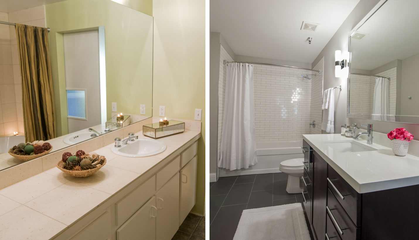The updated residential units at The Rice will feature espresso stained cabinets, subway tile backsplash, quartz countertops and updated baths while still keeping with the loft-style ambiance of the earlier renovation. - Left: © David Lawrence Right: Greystar Real Estate Partners
