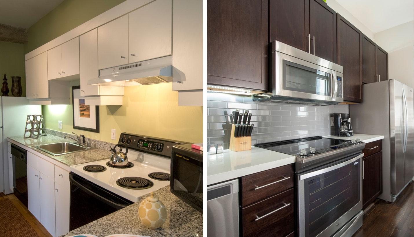 The updated residential units at The Rice will feature espresso stained cabinets and wood floors, new appliances, subway tile backsplash and quartz countertops. - Left: © David Lawrence Right: Greystar Real Estate Partners