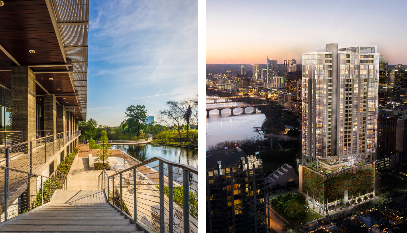 (Left) The built architecture of Buffalo Bayou Park / (Right) 70 Rainey - (Left) © Slyworks Photography / (Right) Page