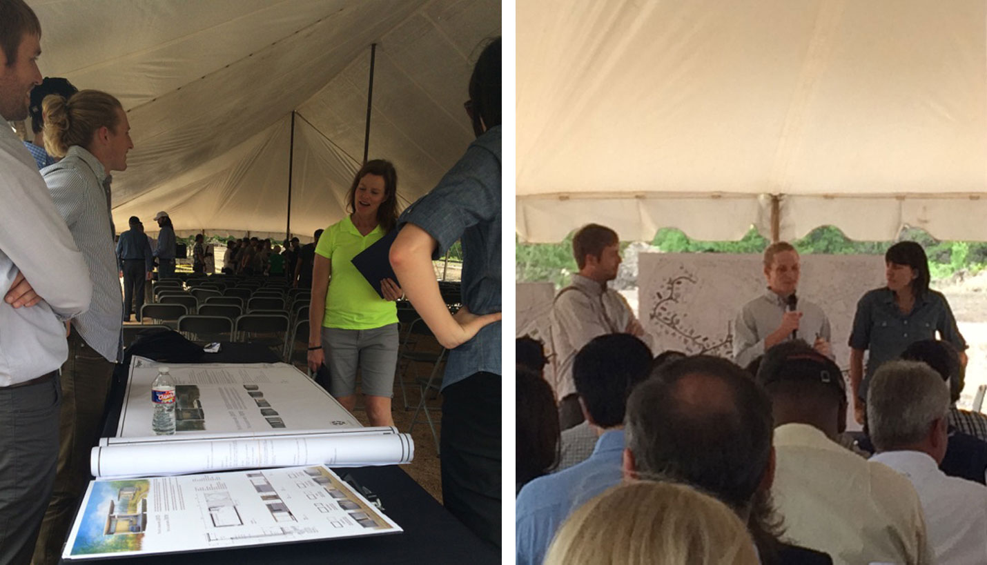 Both images, L-R: Matthew Leach, Barron Peper and Shelby Blessing explaining their design. - 