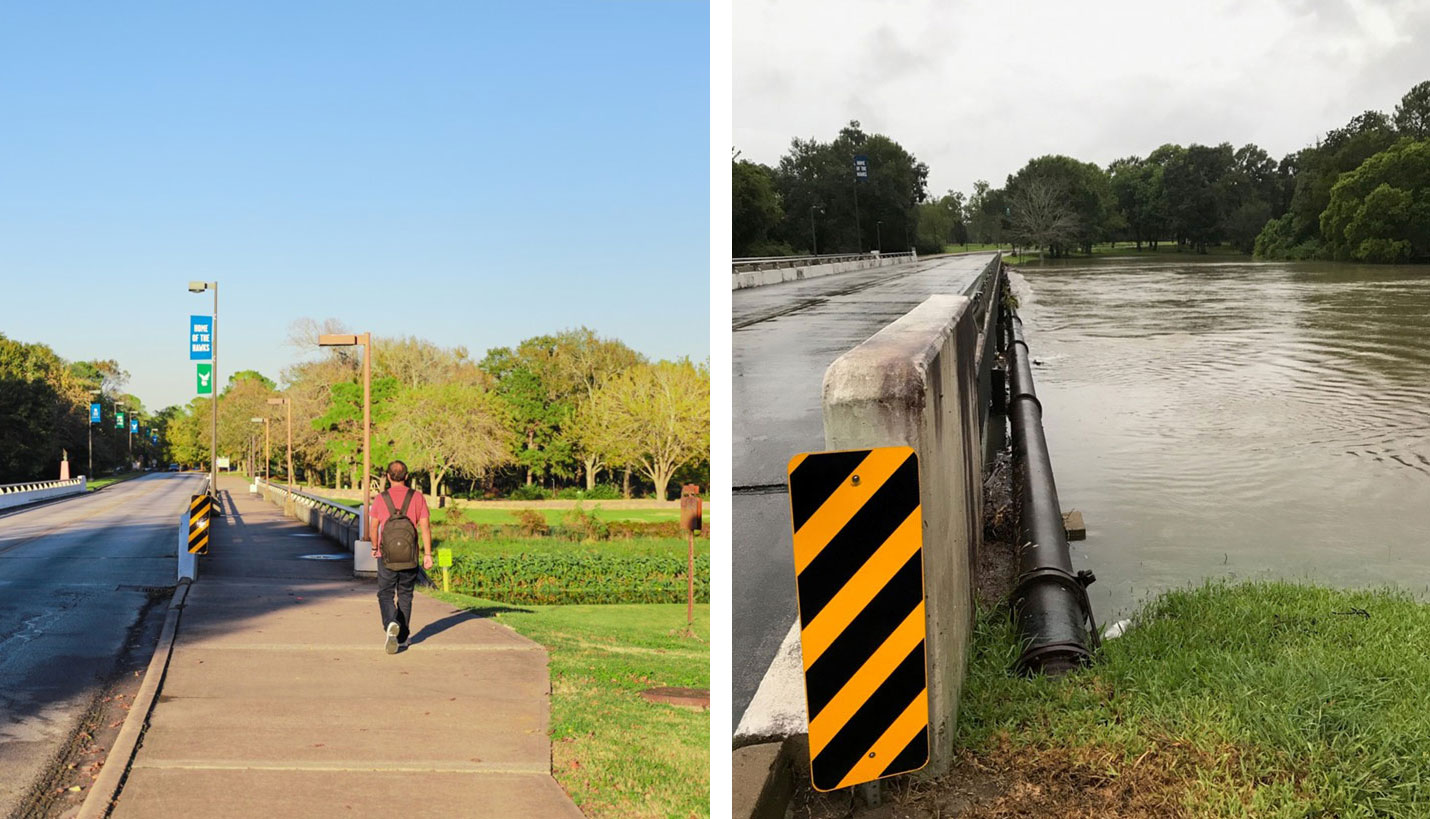 During Hurricane Harvey in 2017, the University of Houston-Clear Lake experienced flooding, like much of the region. The intact bayou system was able to accommodate the fast-moving flood waters without much damage to buildings or infrastructure. - Page / University of Houston-Clear Lake