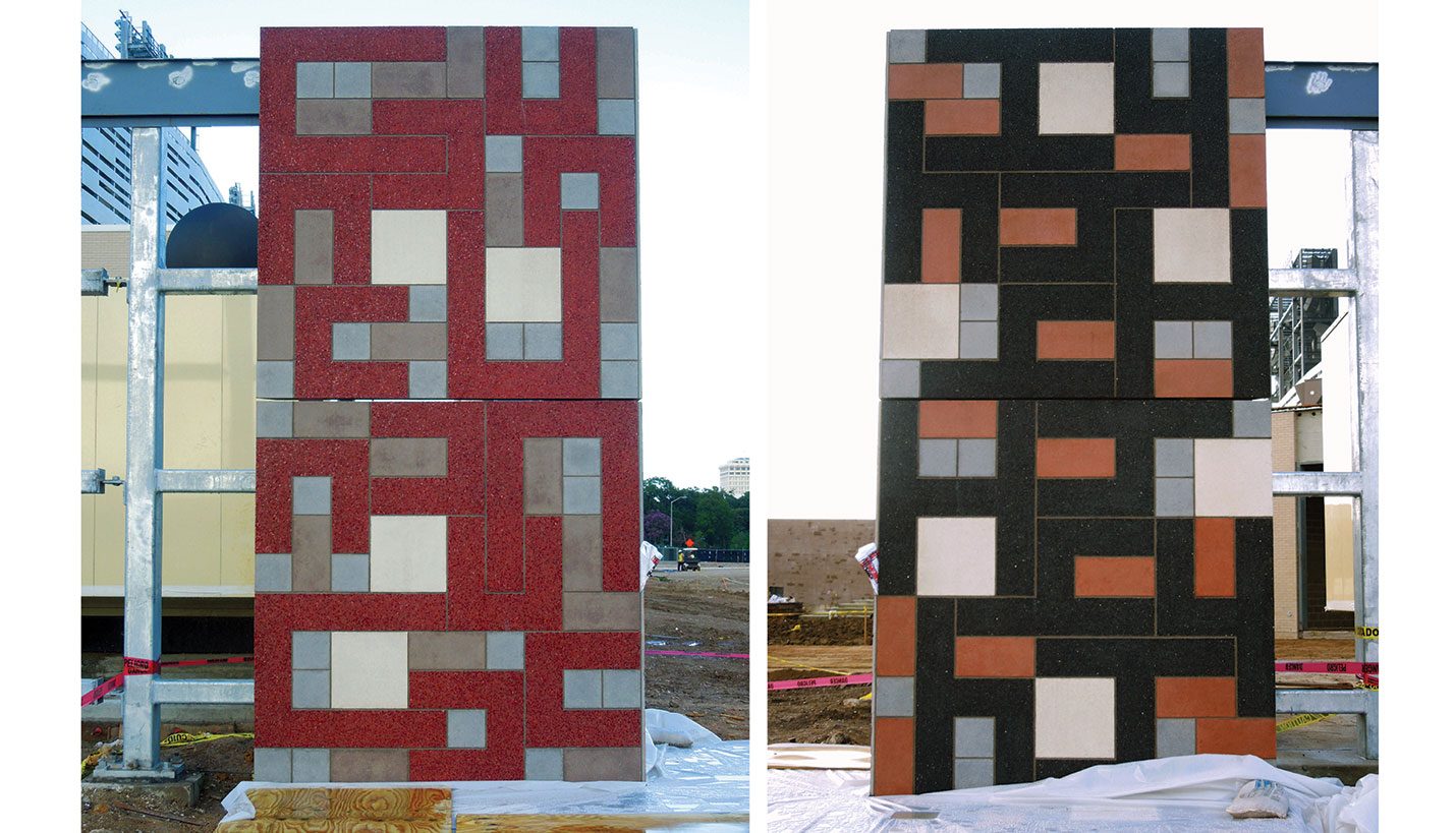 The Art of a Football Stadium Design: Side by side images of public artwork by artist Jim Isermann being installed at the new UH TDECU football stadium. (07/18/2014) - Page