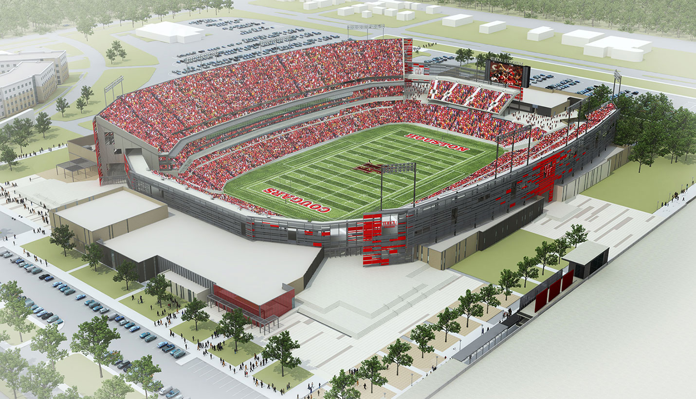 Northeast aerial rendering of new University of Houston TDECU Stadium. - University of Houston