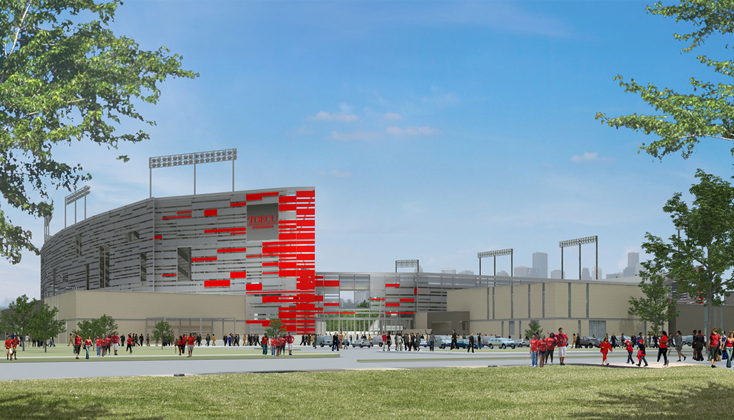 Southeast rendering of the new University of Houston TDECU Stadium. - University of Houston