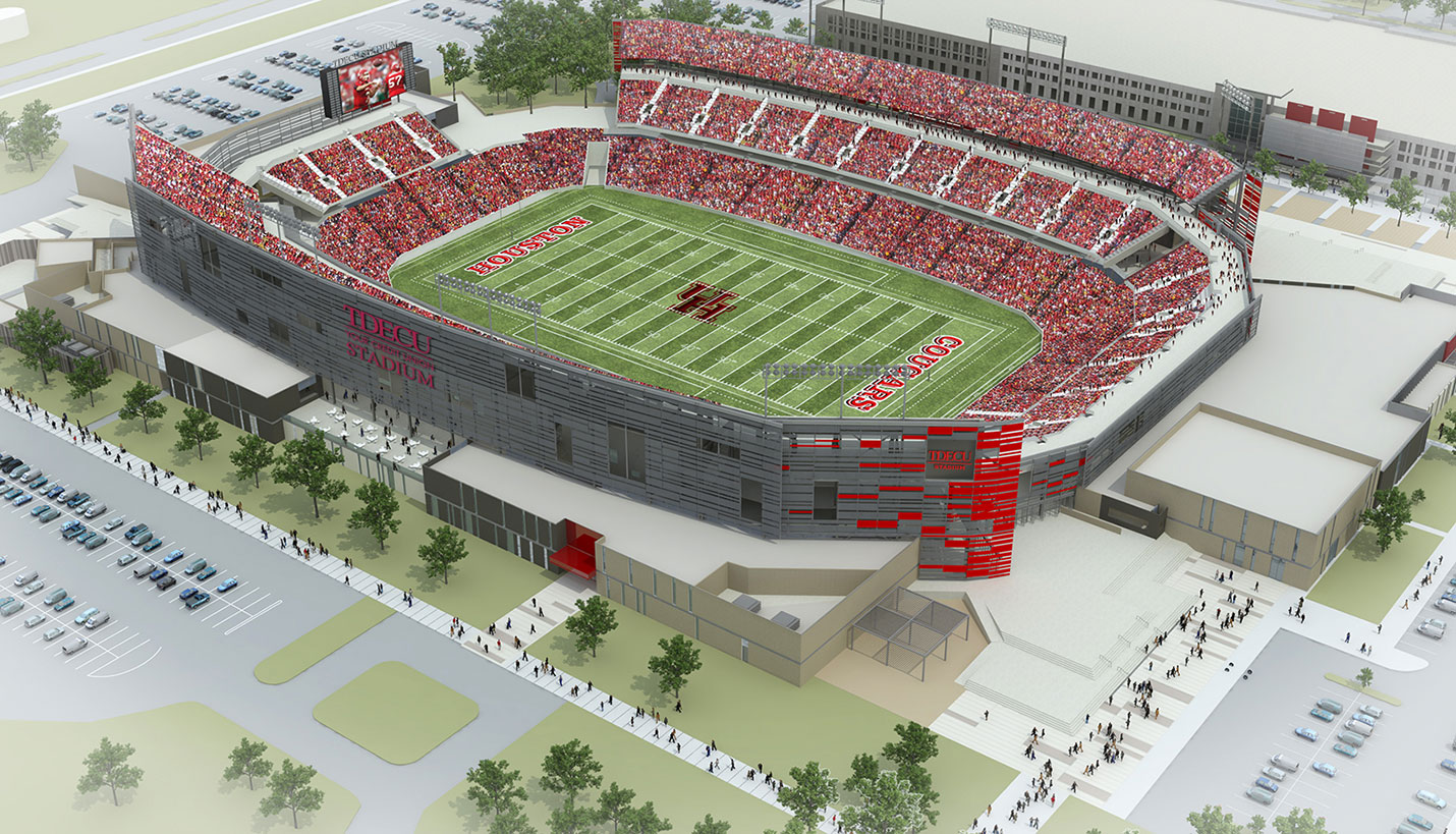 Southeast aerial rendering of new University of Houston TDECU Stadium. - University of Houston