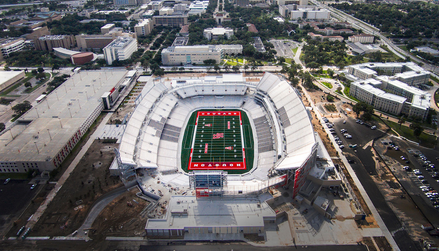 Looking Good From All Angles: A construction photo of TDECU Stadium from earlier in 2014 shows Cougar Place residential hall on the right hand side. (08/27/2014) - Stephen Pinchback