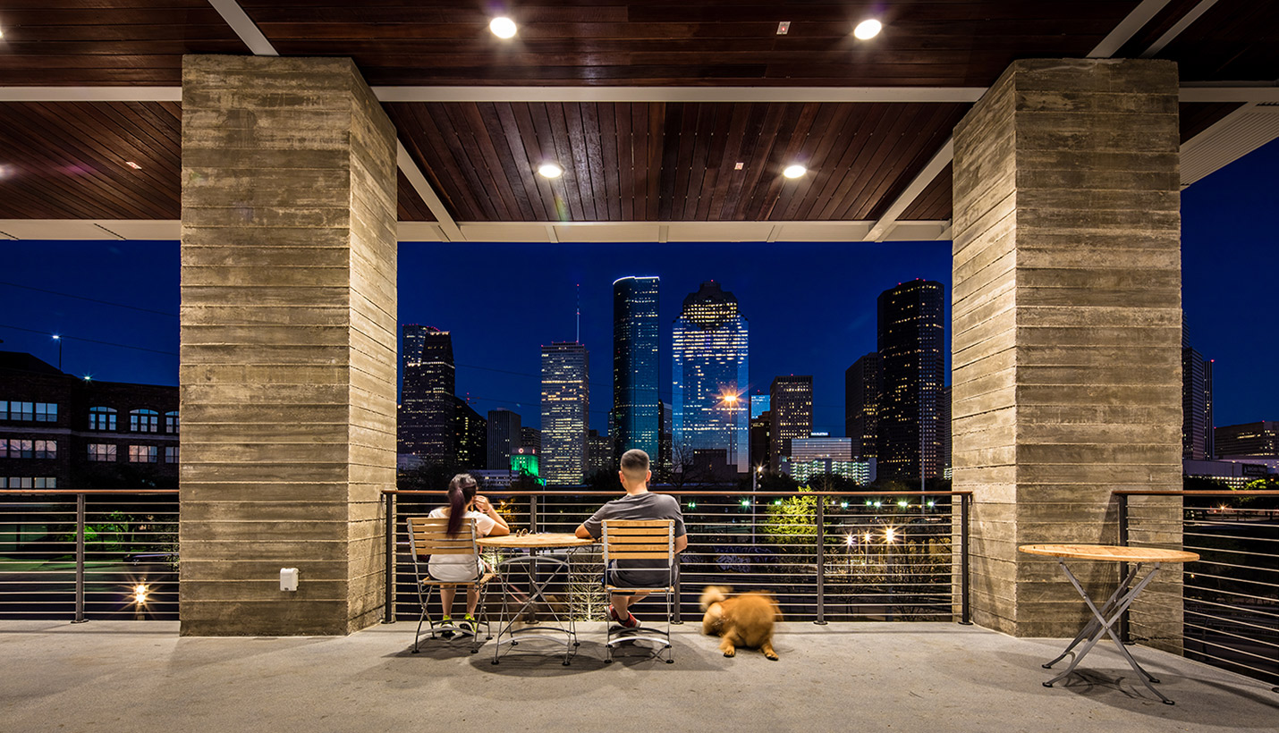 View of downtown Houston from Water Works Pavilion at Buffalo Bayou Park. - © Slyworks Photography