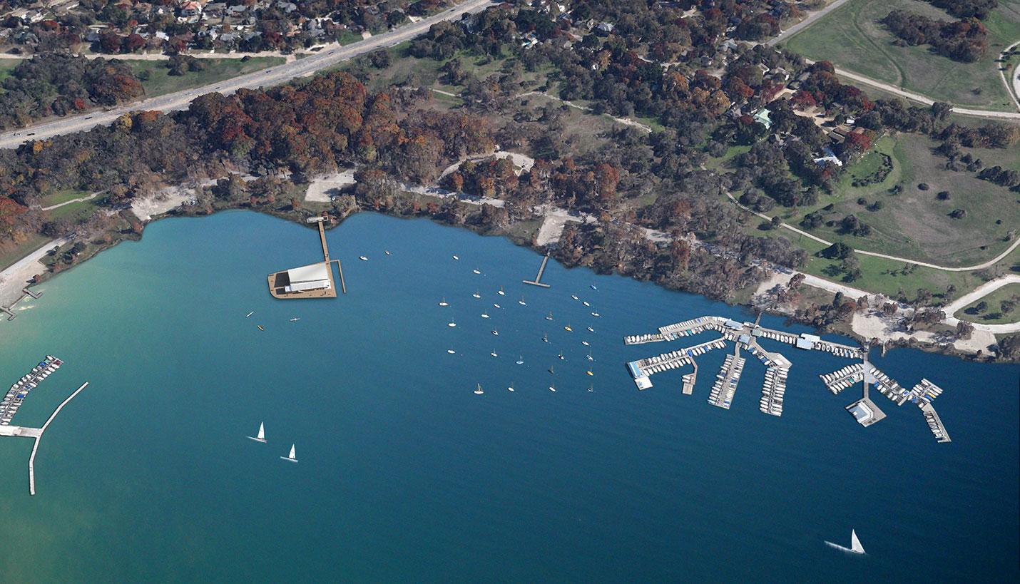 Aerial rendering of the future Boathouse at White Rock Lake  (left side of image) near the Corinthian Sailing Club. - © Page